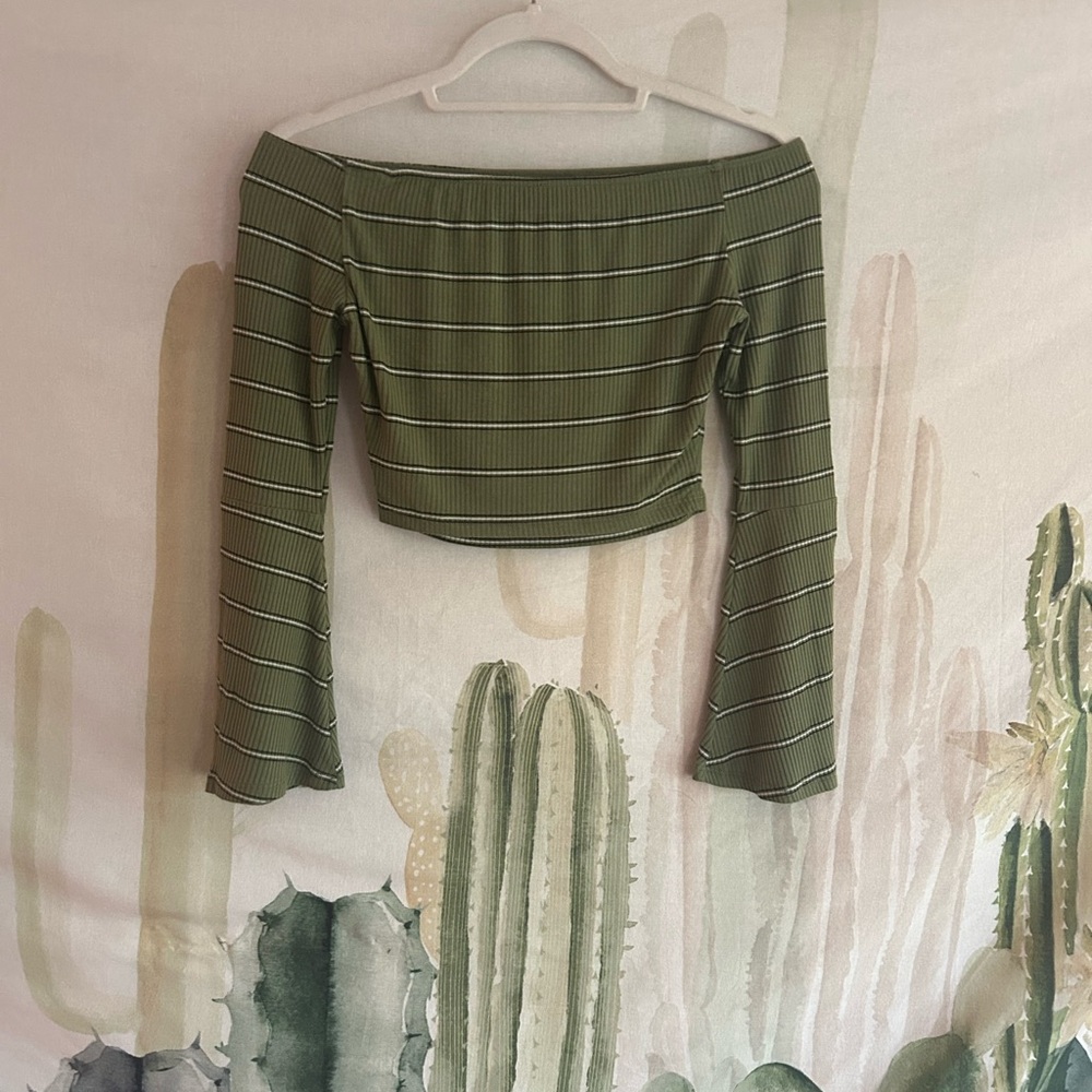 Olive Green Off-Shoulder Striped Top